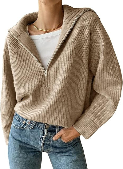 Half-Zip Sweater - Rib Knit - Relaxed Fit - Knitted Jumper - Women's Knitwear-Grace Aura