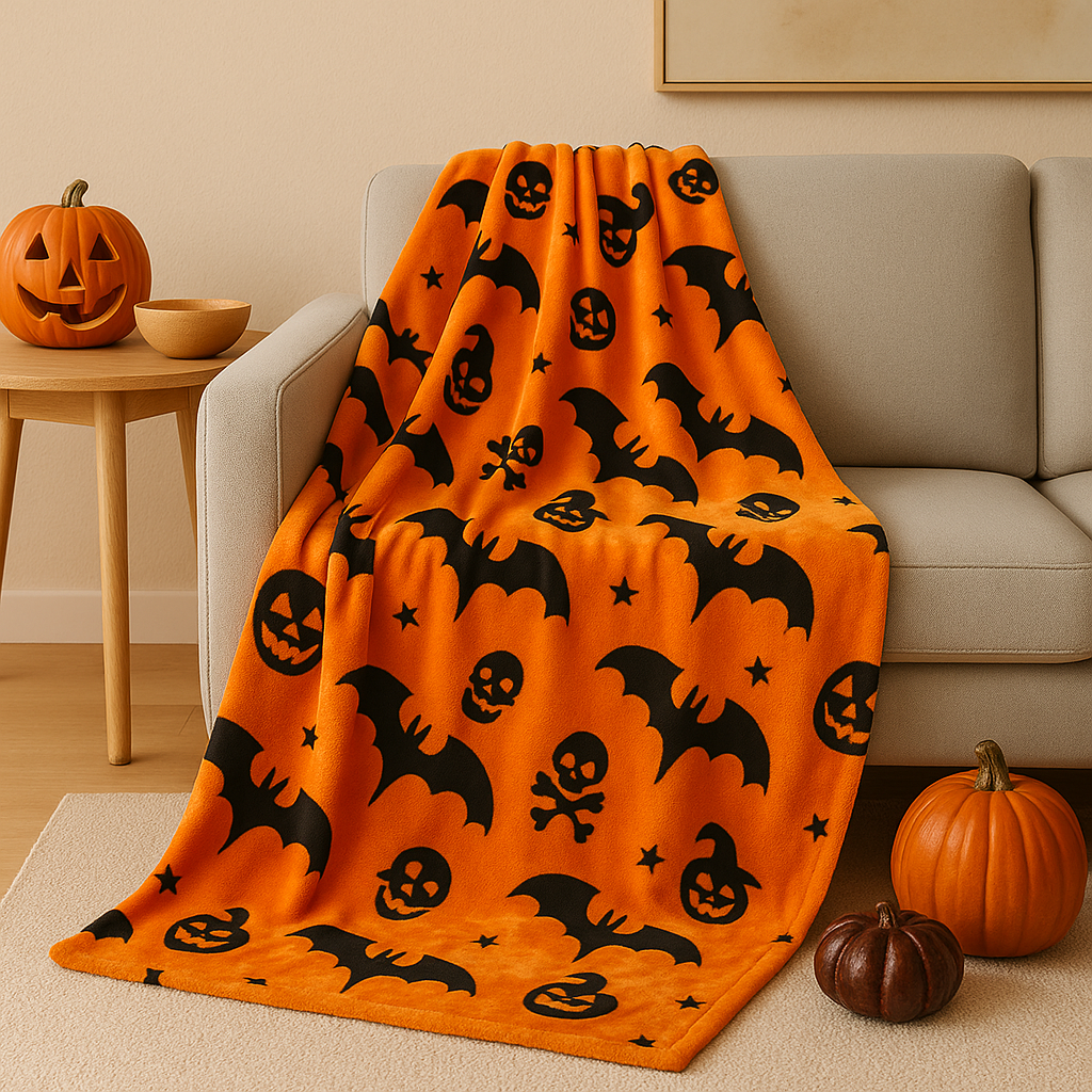 Halloween Blanket - Orange - Skull - Halloween Throw - Halloween Decoration-Grace Aura