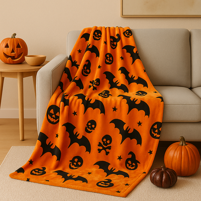 Halloween Blanket - Orange - Skull - Halloween Throw - Halloween Decoration-Grace Aura