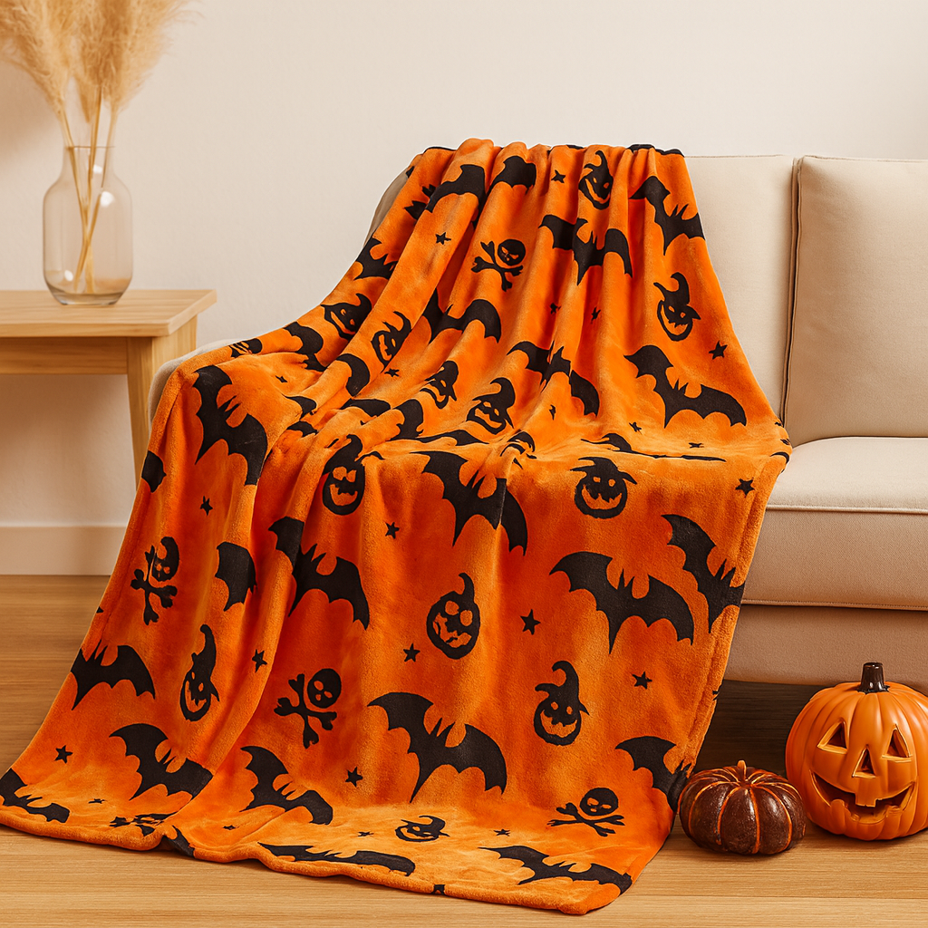 Halloween Blanket - Orange - Skull - Halloween Throw - Halloween Decoration-Grace Aura
