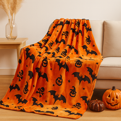 Halloween Blanket - Orange - Skull - Halloween Throw - Halloween Decoration-Grace Aura