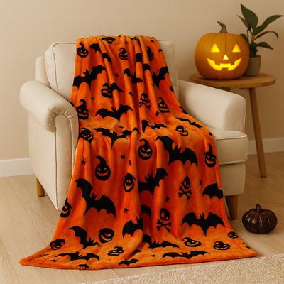 Halloween Blanket - Orange - Skull - Halloween Throw - Halloween Decoration-Grace Aura
