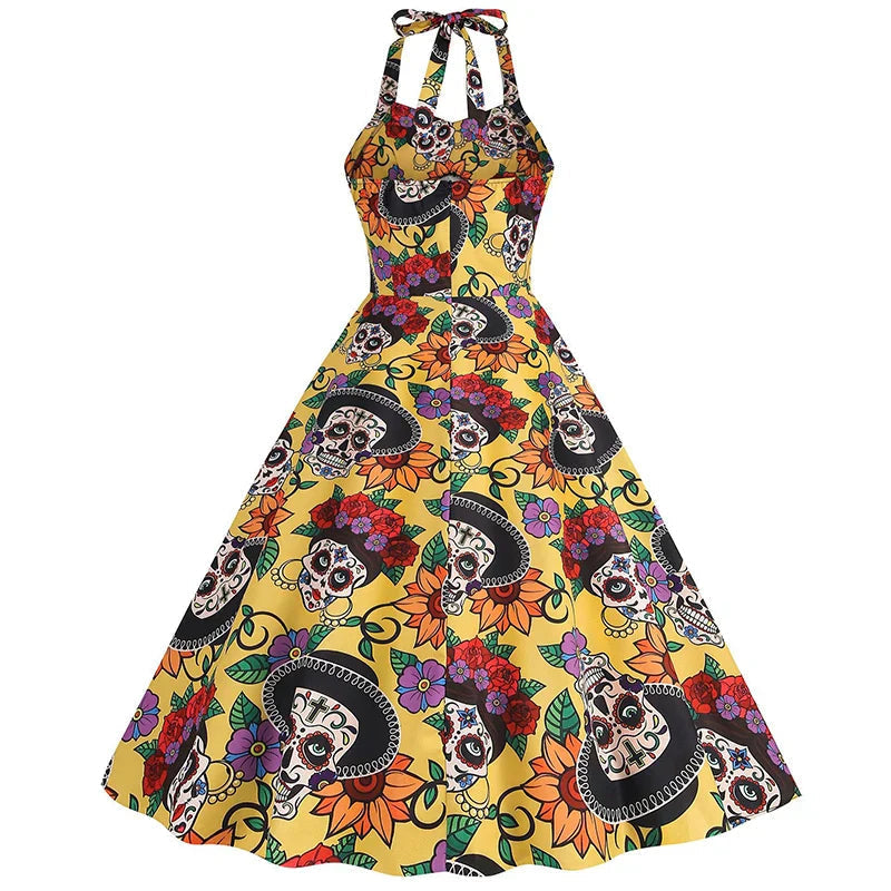 Halloween Dress - Women's Sleeveless Midi Skull Dress for Halloween-Grace Aura