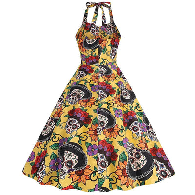 Halloween Dress - Women's Sleeveless Midi Skull Dress for Halloween-Grace Aura