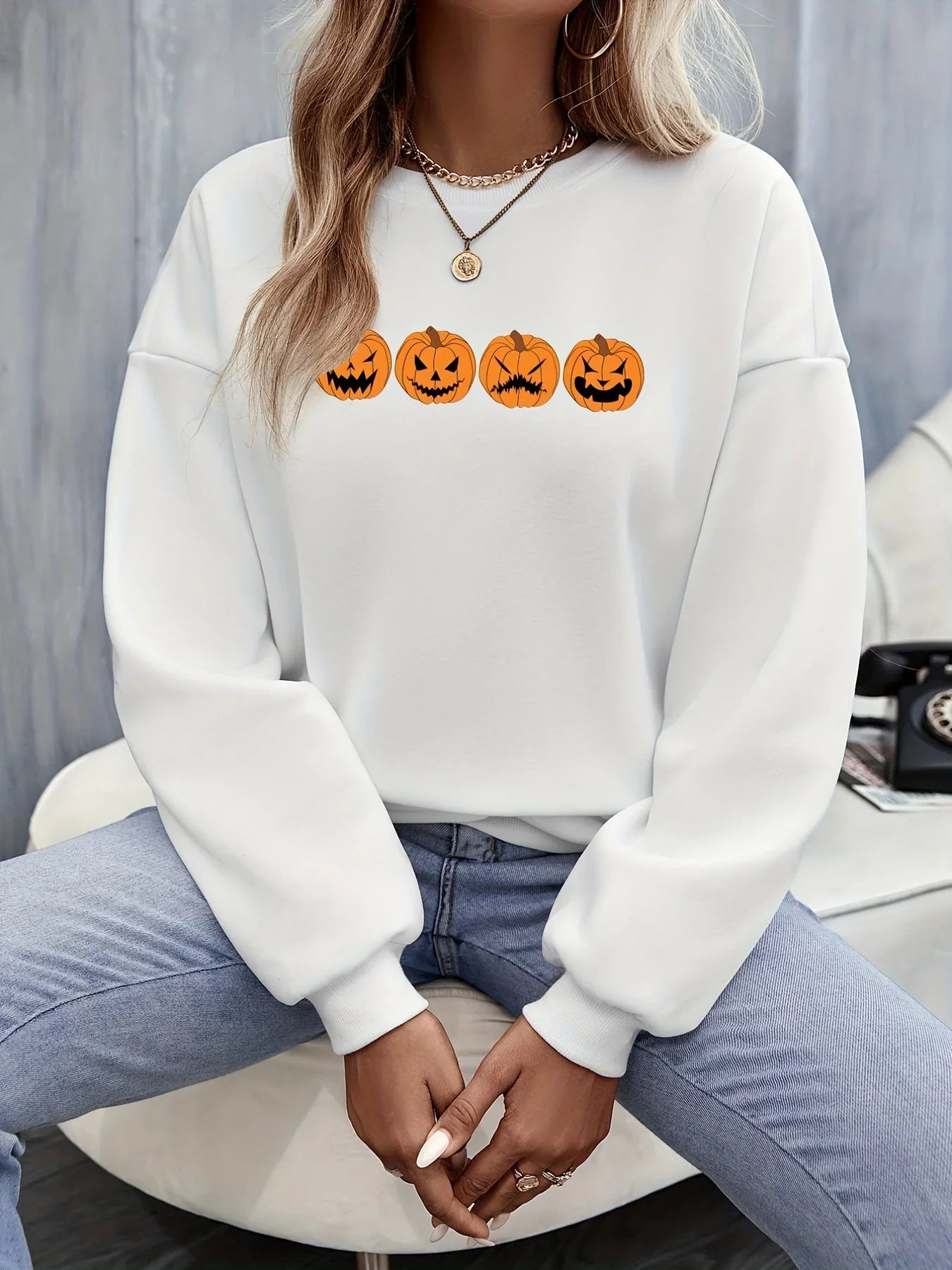 Halloween Pullover - Women's Black and White Pumpkin Jumper-Grace Aura