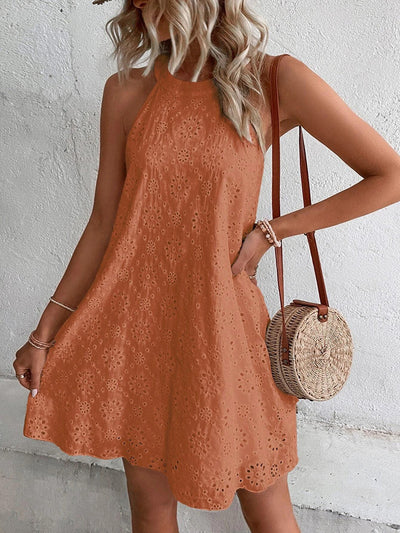 Halter Neck Dress - Eyelet - Chic - Mini Dress - Summer Dress-Grace Aura