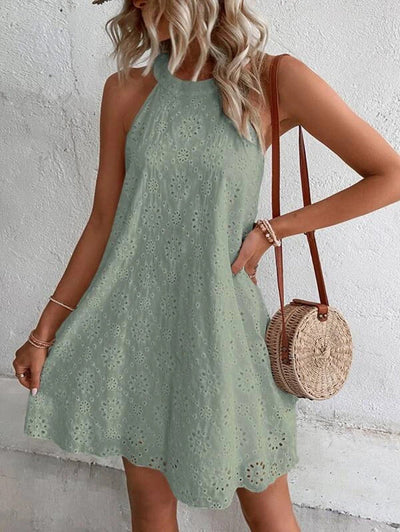 Halter Neck Dress - Eyelet - Chic - Mini Dress - Summer Dress-Grace Aura
