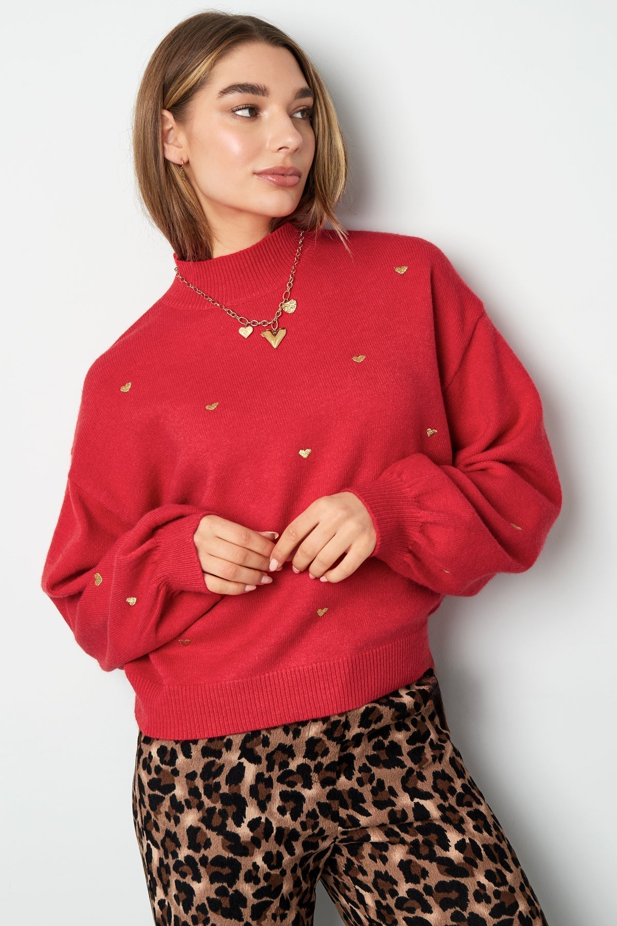 Heart Sweater - Loose Fit - High Neck - Knitted Jumper - Women's Knitwear-Grace Aura