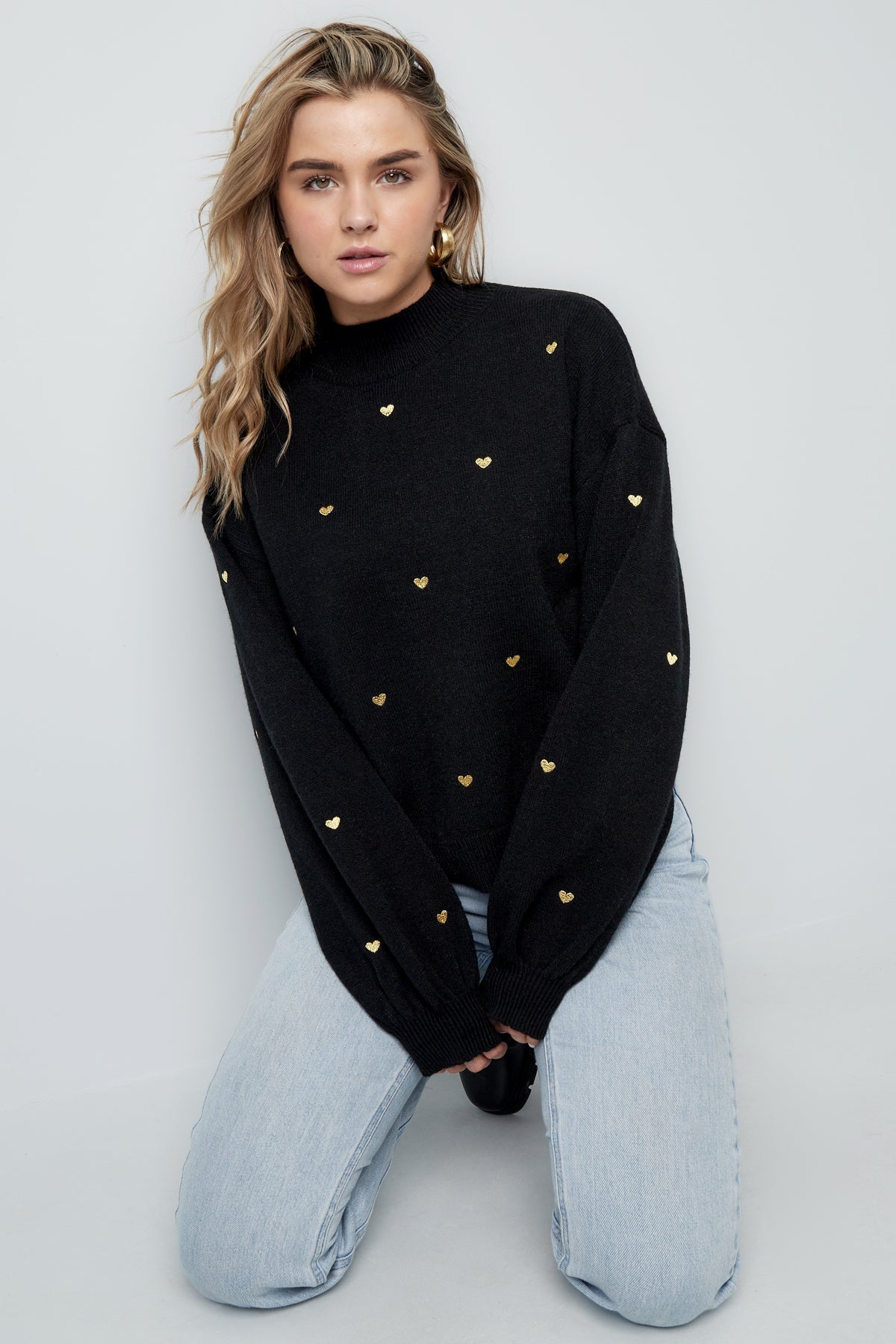 Heart Sweater - Loose Fit - High Neck - Knitted Jumper - Women's Knitwear-Grace Aura