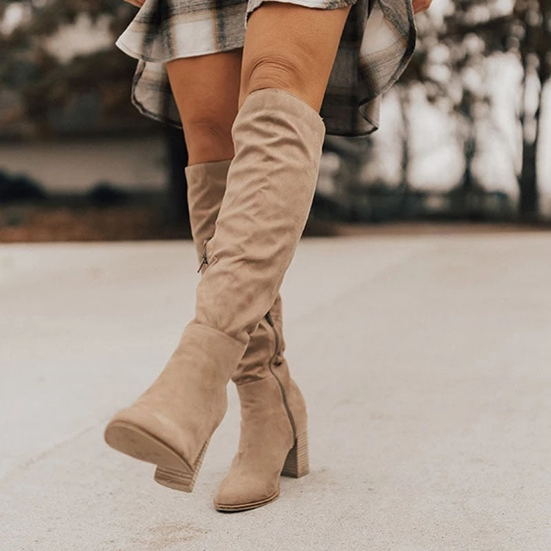 Heeled Knee Boots - Block Heel - Suede - High Heel Knee High Boots - Women's Boots-Grace Aura