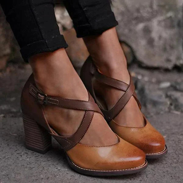 Heels - Closed Toe - Block Heel - Leather Sandals - Women's Sandals-Grace Aura