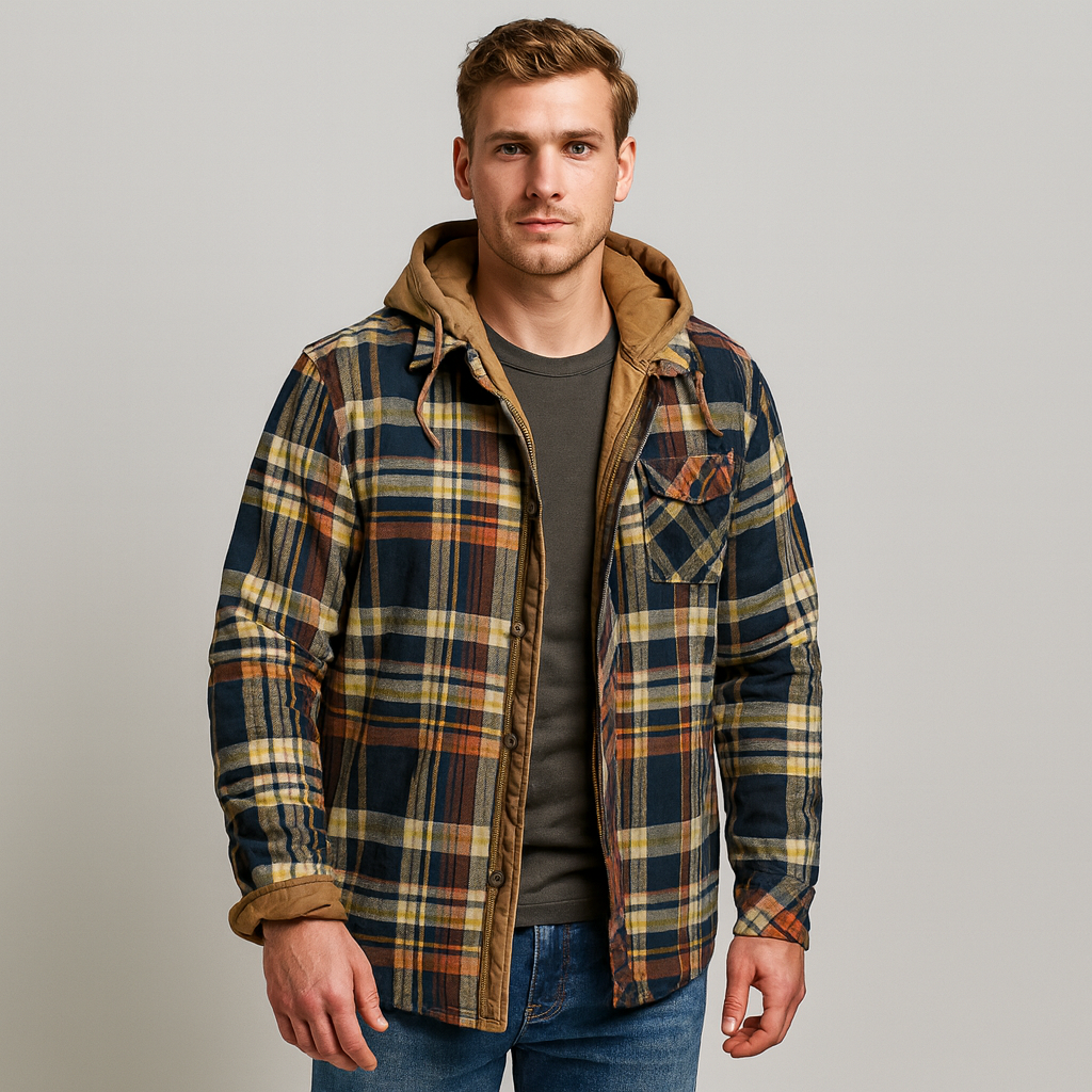 Hooded Overshirt - Button-Up - Breast Pockets - Plaid Hoodie - Men's Clothing-Grace Aura