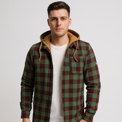 Hooded Overshirt - Button-Up - Breast Pockets - Plaid Hoodie - Men's Clothing-Grace Aura