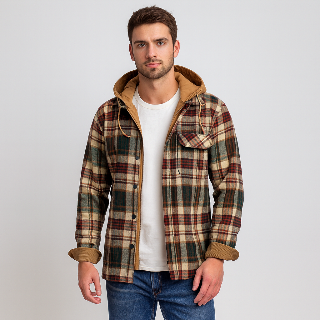 Hooded Overshirt - Button-Up - Breast Pockets - Plaid Hoodie - Men's Clothing-Grace Aura