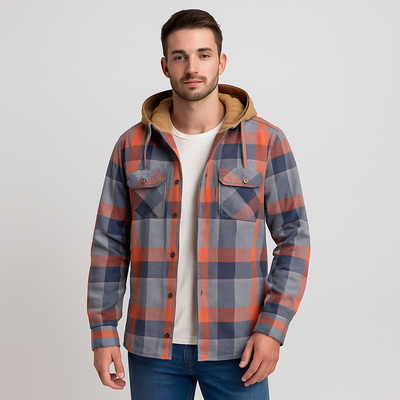Hooded Overshirt - Button-Up - Breast Pockets - Plaid Hoodie - Men's Clothing-Grace Aura