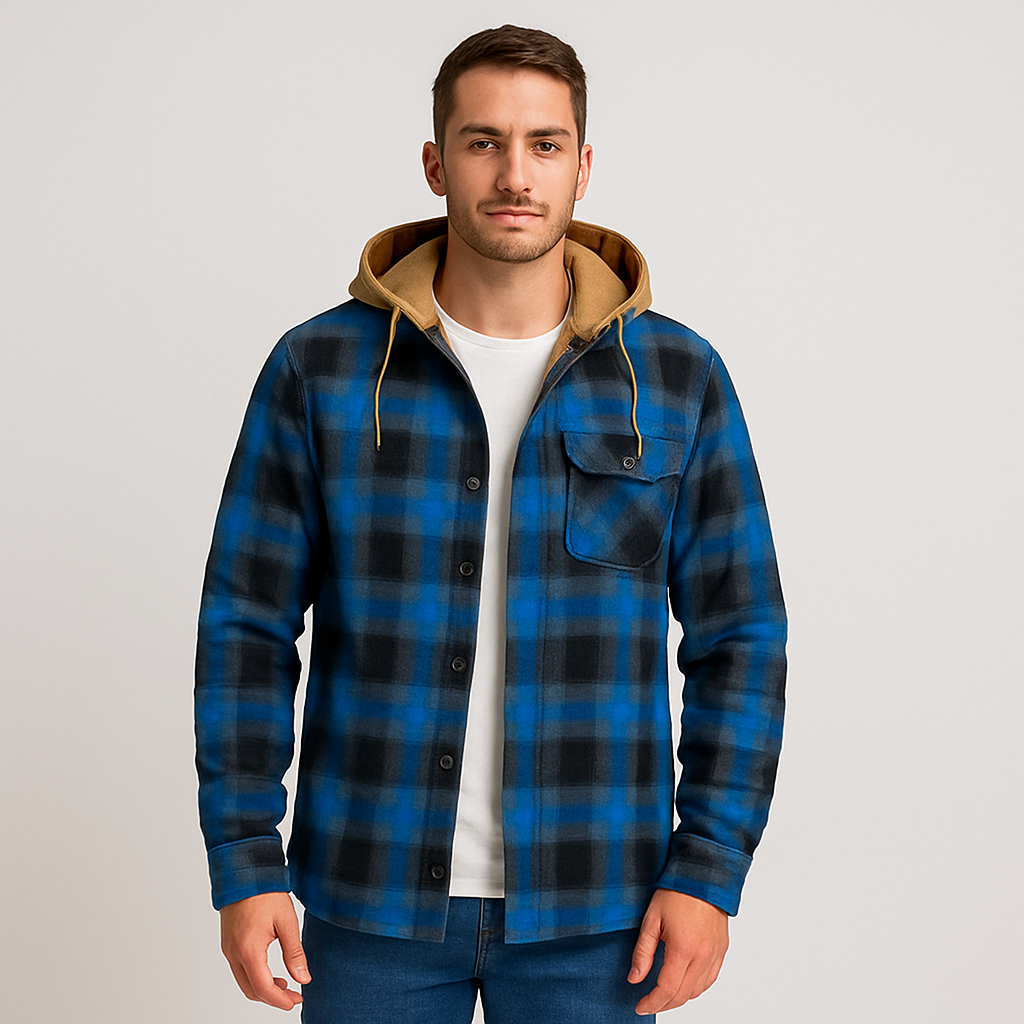 Hooded Overshirt - Button-Up - Breast Pockets - Plaid Hoodie - Men's Clothing-Grace Aura