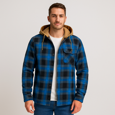 Hooded Overshirt - Button-Up - Breast Pockets - Plaid Hoodie - Men's Clothing-Grace Aura