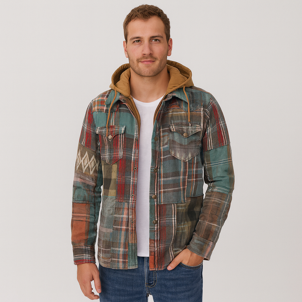Hooded Overshirt - Button-Up - Breast Pockets - Plaid Hoodie - Men's Clothing-Grace Aura
