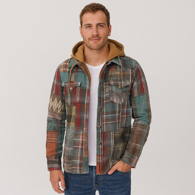 Hooded Overshirt - Button-Up - Breast Pockets - Plaid Hoodie - Men's Clothing-Grace Aura
