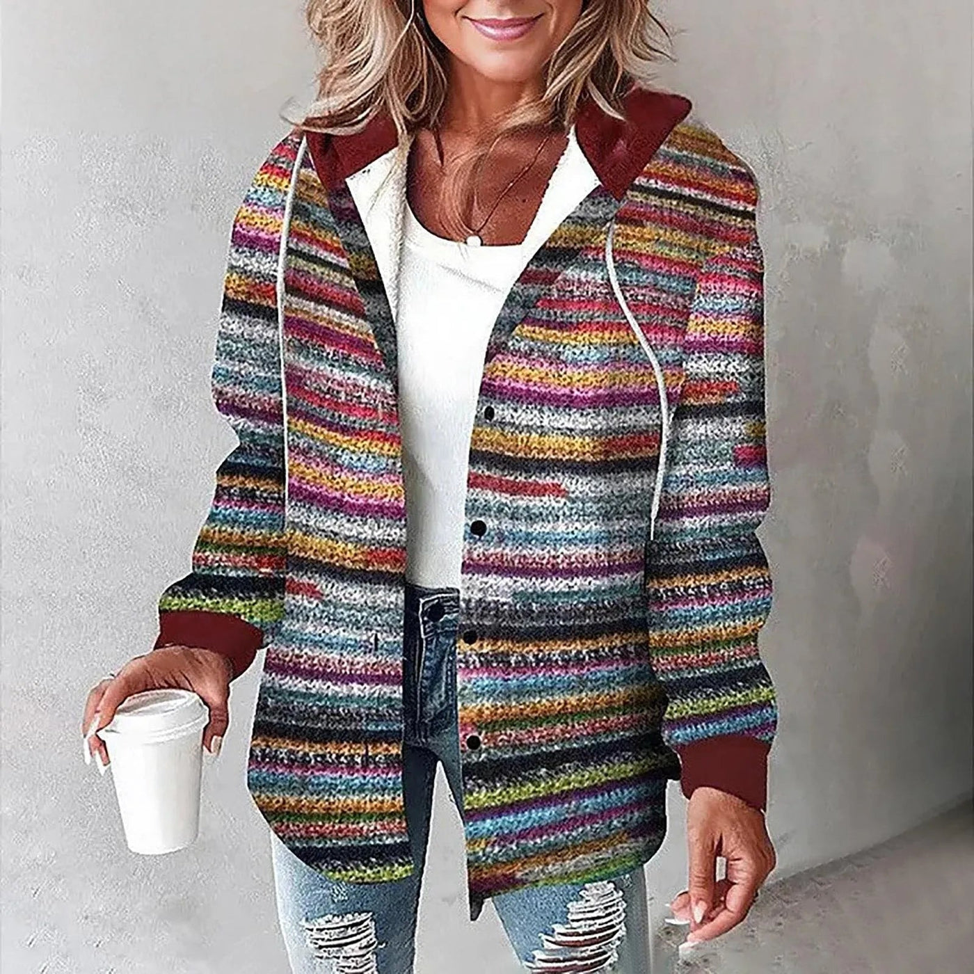 Hoodie Jacket - Oversized - Button-Up - Plaid Jacket - Women's Clothing-Grace Aura