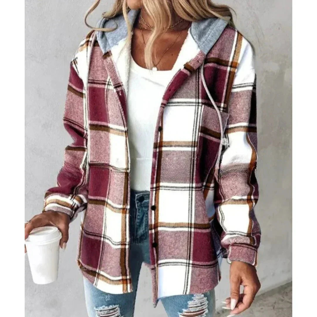 Hoodie Jacket - Oversized - Button-Up - Plaid Jacket - Women's Clothing-Grace Aura