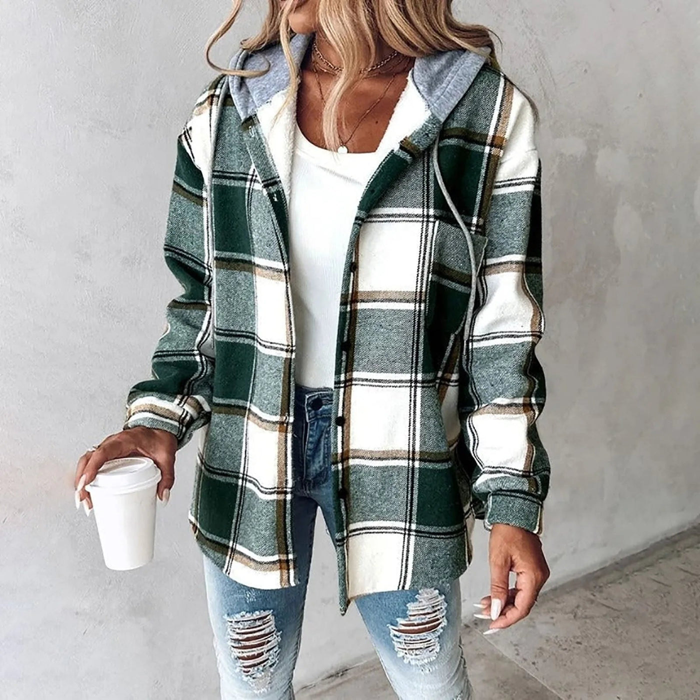 Hoodie Jacket - Oversized - Button-Up - Plaid Jacket - Women's Clothing-Grace Aura