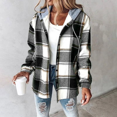 Hoodie Jacket - Oversized - Button-Up - Plaid Jacket - Women's Clothing-Grace Aura