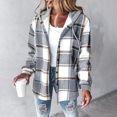 Hoodie Jacket - Oversized - Button-Up - Plaid Jacket - Women's Clothing-Grace Aura