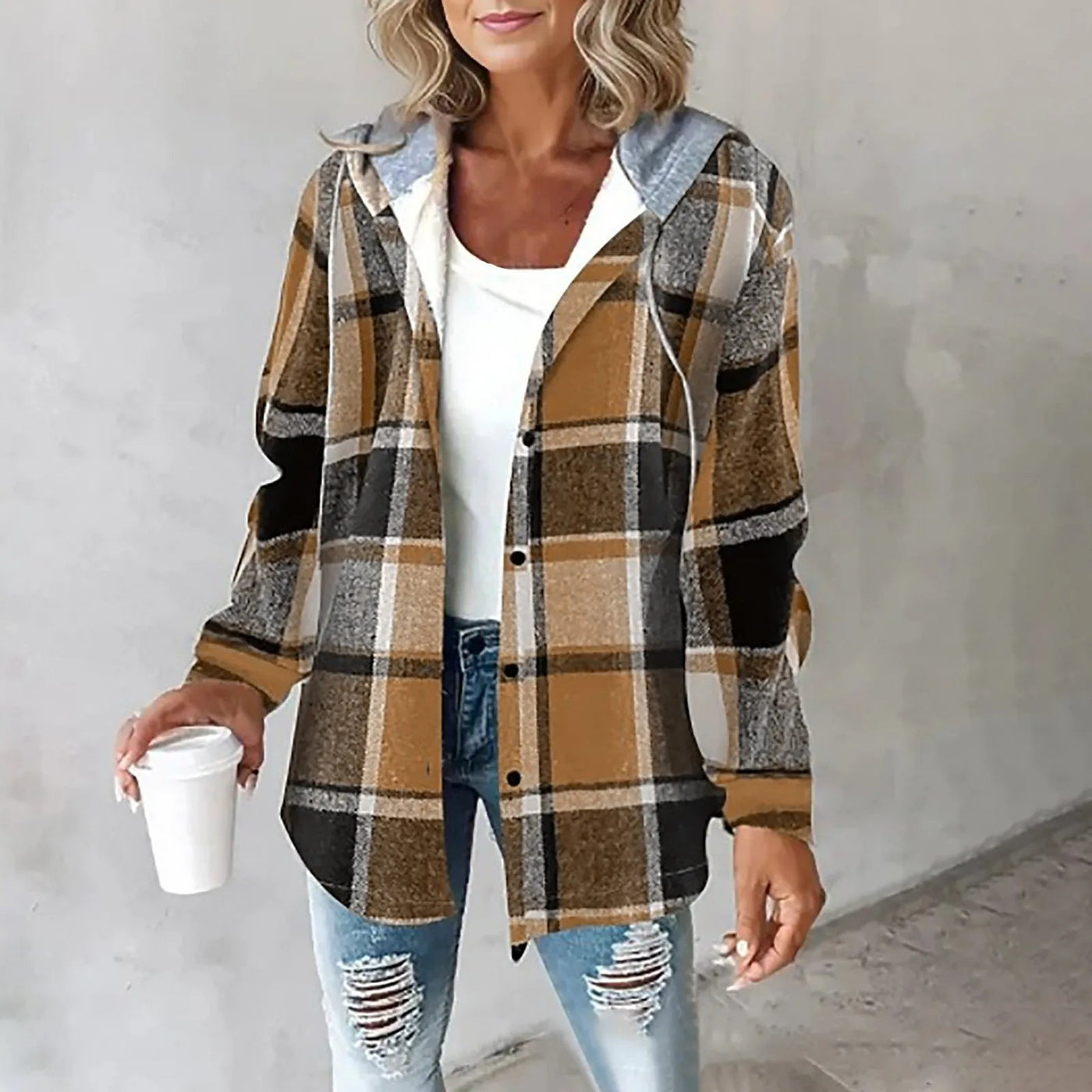Hoodie Jacket - Oversized - Button-Up - Plaid Jacket - Women's Clothing-Grace Aura