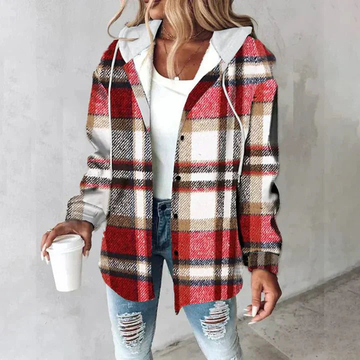 Hoodie Jacket - Oversized - Button-Up - Plaid Jacket - Women's Clothing-Grace Aura