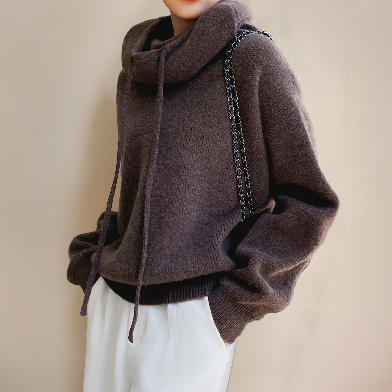 Hoodie Sweater - Women's Oversized High Neck Knitted Hoodie Jumper-Grace Aura