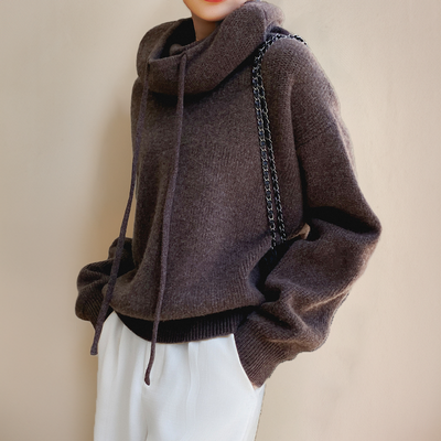 Hoodie Sweater - Women's Oversized High Neck Knitted Hoodie Jumper-Grace Aura