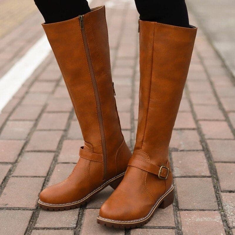 Knee High Boots - Women's Flat Wide Calf Leather Boots for Winter-Grace Aura