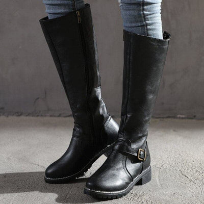 Knee High Boots - Women's Flat Wide Calf Leather Boots for Winter-Grace Aura