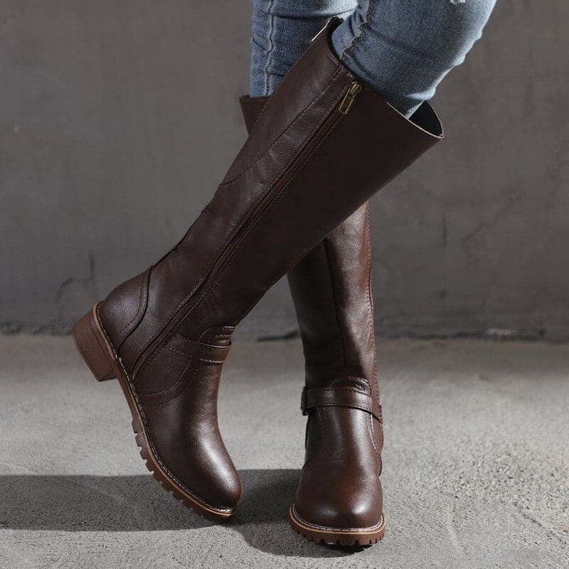 Knee High Boots - Women's Flat Wide Calf Leather Boots for Winter-Grace Aura