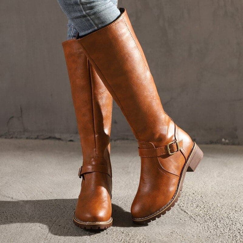 Knee High Boots - Women's Flat Wide Calf Leather Boots for Winter-Grace Aura