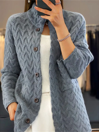 Knit Cardigan - Lightweight - High Neck - Button-Up Cardigan - Women's Knitwear-Grace Aura