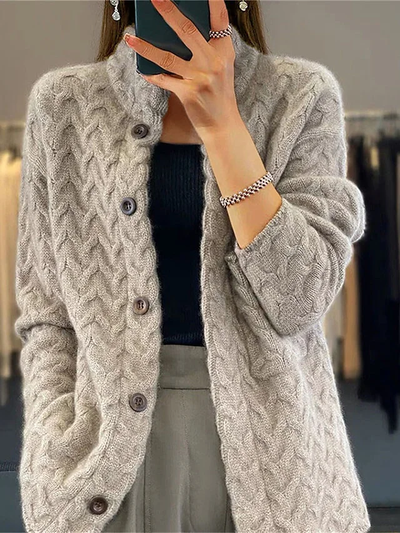 Knit Cardigan - Lightweight - High Neck - Button-Up Cardigan - Women's Knitwear-Grace Aura