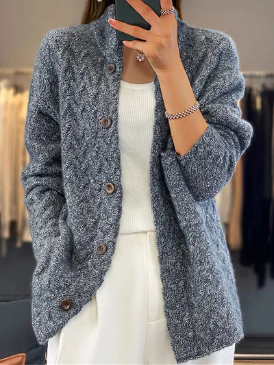 Knit Cardigan - Lightweight - High Neck - Button-Up Cardigan - Women's Knitwear-Grace Aura