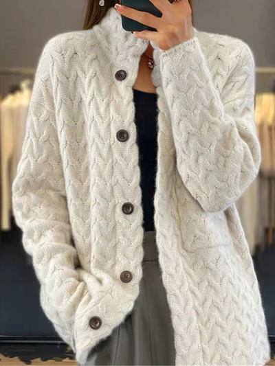 Knit Cardigan - Lightweight - High Neck - Button-Up Cardigan - Women's Knitwear-Grace Aura