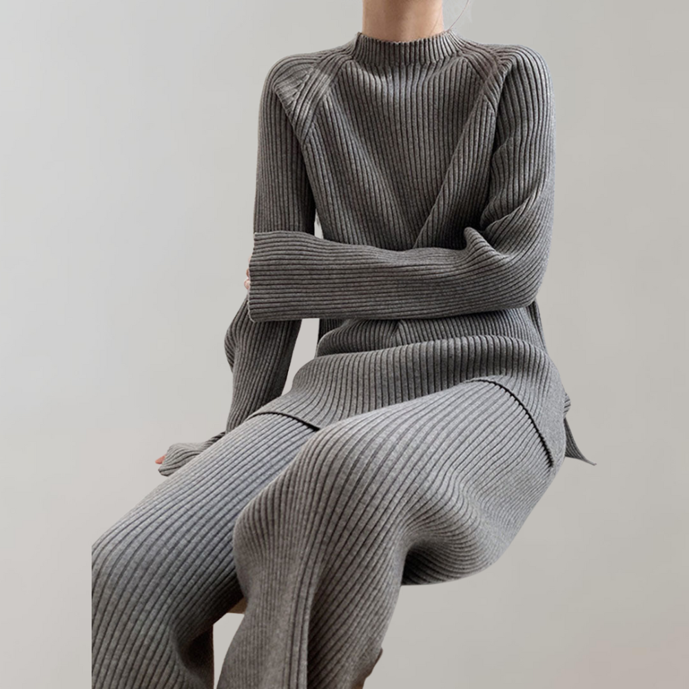 Knit Lounge Set - Long Sleeve - Wide Leg - Two-Piece Set - Women's Winter Clothes-Grace Aura