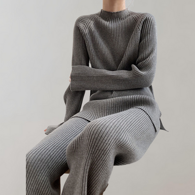 Knit Lounge Set - Long Sleeve - Wide Leg - Two-Piece Set - Women's Winter Clothes-Grace Aura