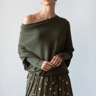 Knit Sweater - Women's Cozy Loose Fit Boat Neck Batwing Sweater-Grace Aura