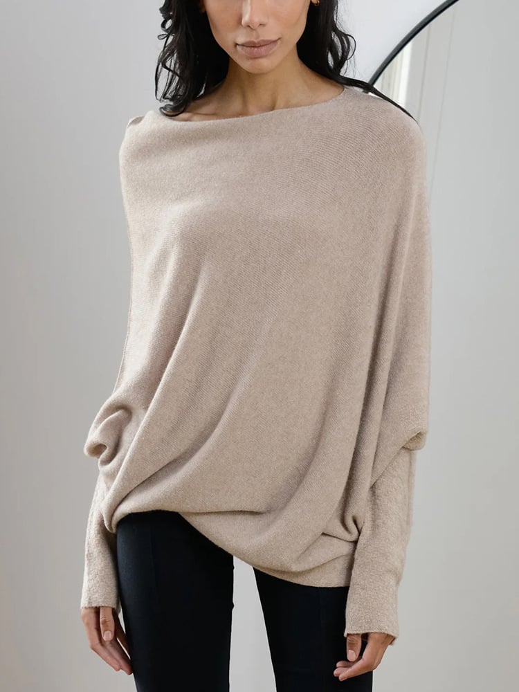 Knit Sweater - Women's Cozy Loose Fit Boat Neck Batwing Sweater-Grace Aura