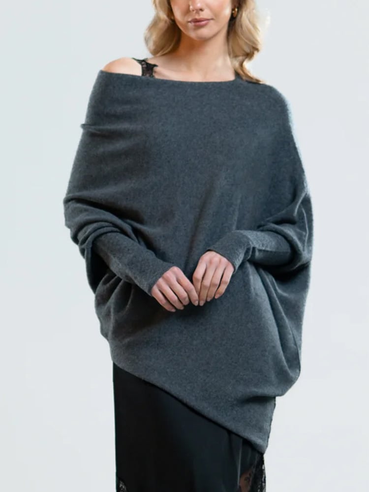 Knit Sweater - Women's Cozy Loose Fit Boat Neck Batwing Sweater-Grace Aura