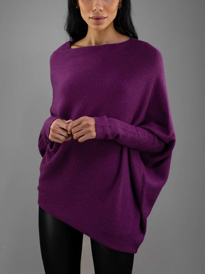 Knit Sweater - Women's Cozy Loose Fit Boat Neck Batwing Sweater-Grace Aura