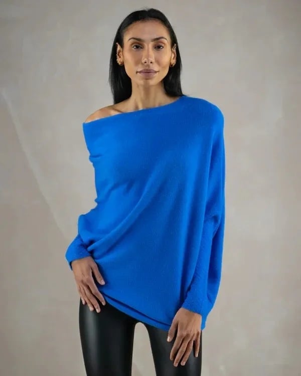 Knit Sweater - Women's Cozy Loose Fit Boat Neck Batwing Sweater-Grace Aura
