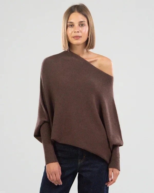 Knit Sweater - Women's Cozy Loose Fit Boat Neck Batwing Sweater-Grace Aura