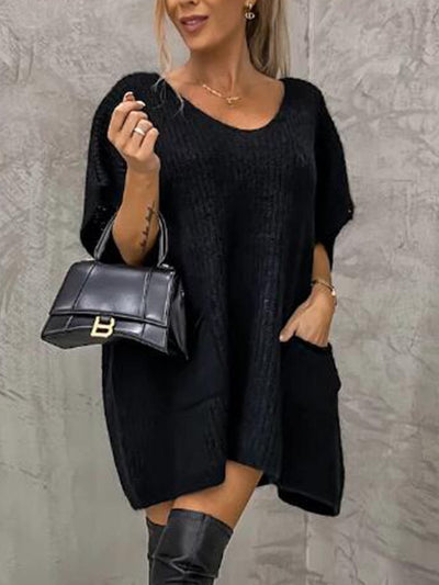 Knit Tunic - Women's Short Sleeve Knitted Mini Dress-Grace Aura