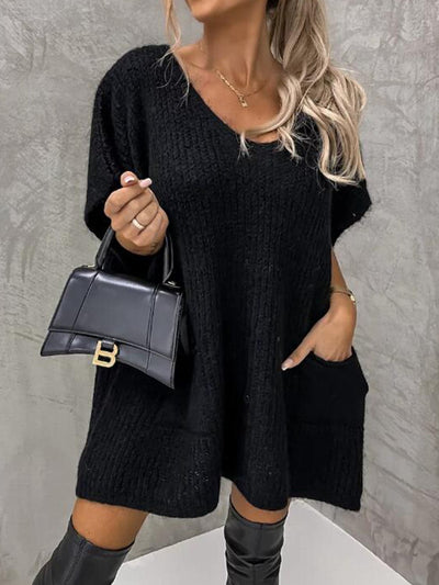 Knit Tunic - Women's Short Sleeve Knitted Mini Dress-Grace Aura